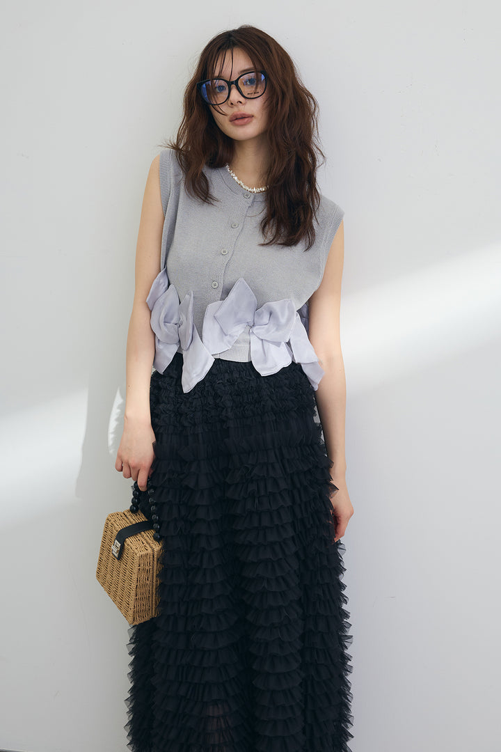 [予約]ヘムオーガンジーリボンスリーブレスニット