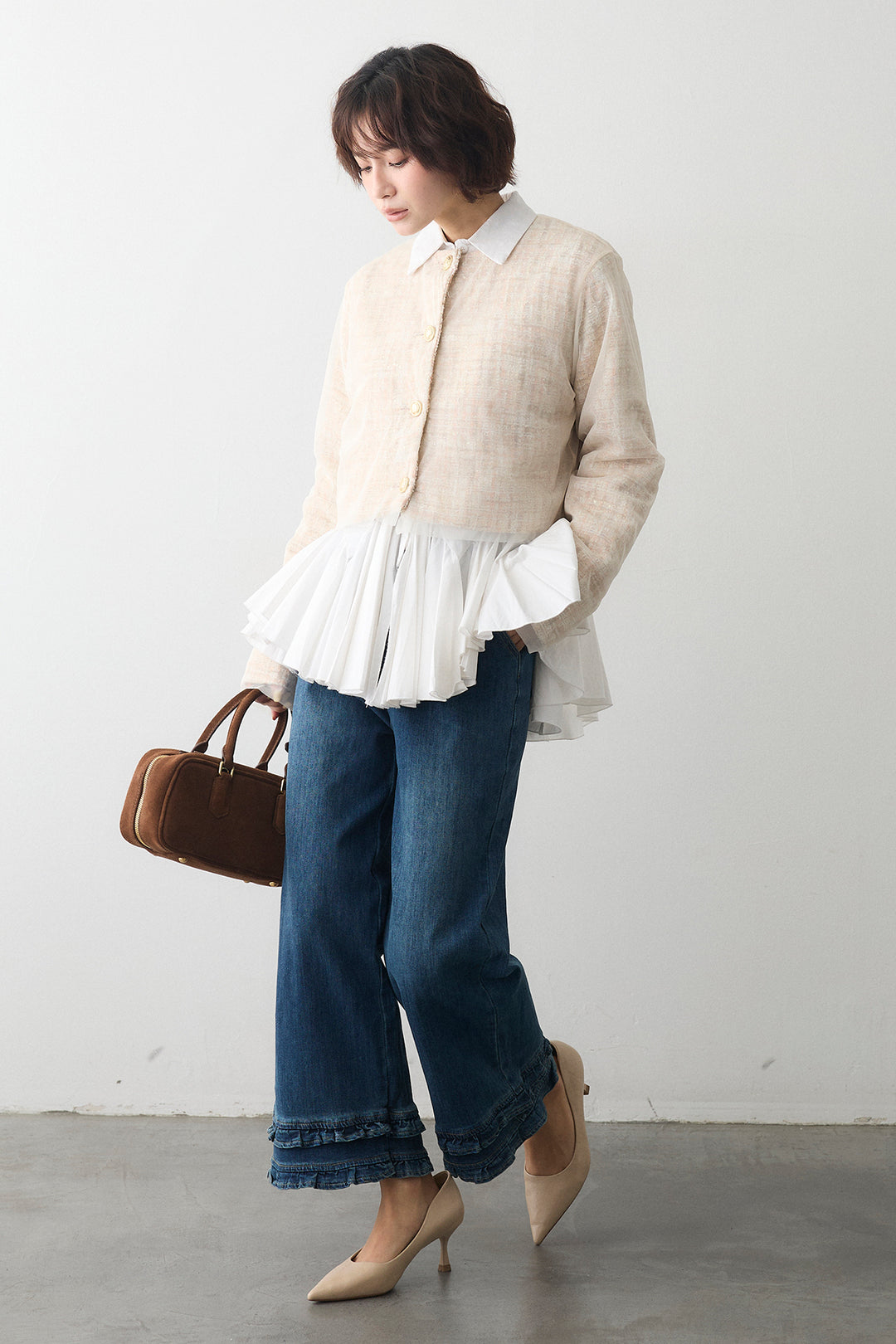 [予約/SET]ツイード×チュールレイヤードクロップドジャケット+フリルヘムデニムパンツ(2set)