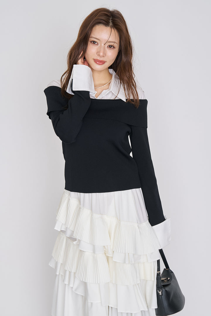 [予約/SET]シャツレイヤードオフショルドッキングニット+アシメプリーツティアードデザインスカート(2set)