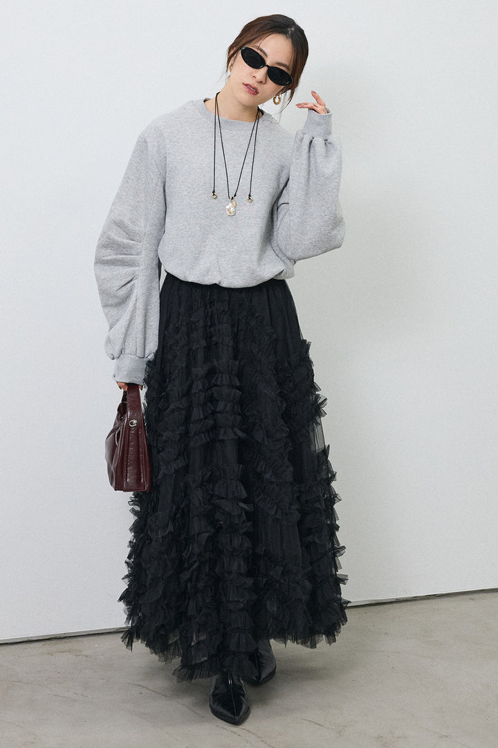 [予約/SET]裏起毛バルーンスリーブプルオーバー+スフレアシメチュールスカート(2set)