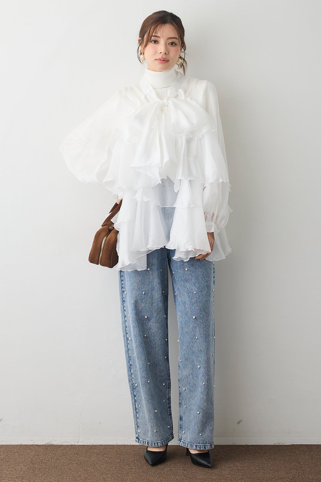 [予約/SET]フロントBIGリボンティアードエアリーチュニック+パールスタッズストレートハイウエストデニム(2set)