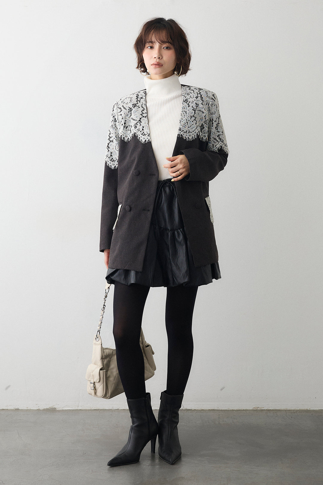 [予約/SET]ショルダーレースデザインジャケット+フェイクレザーティアードバルーンミニスカート(2set)
