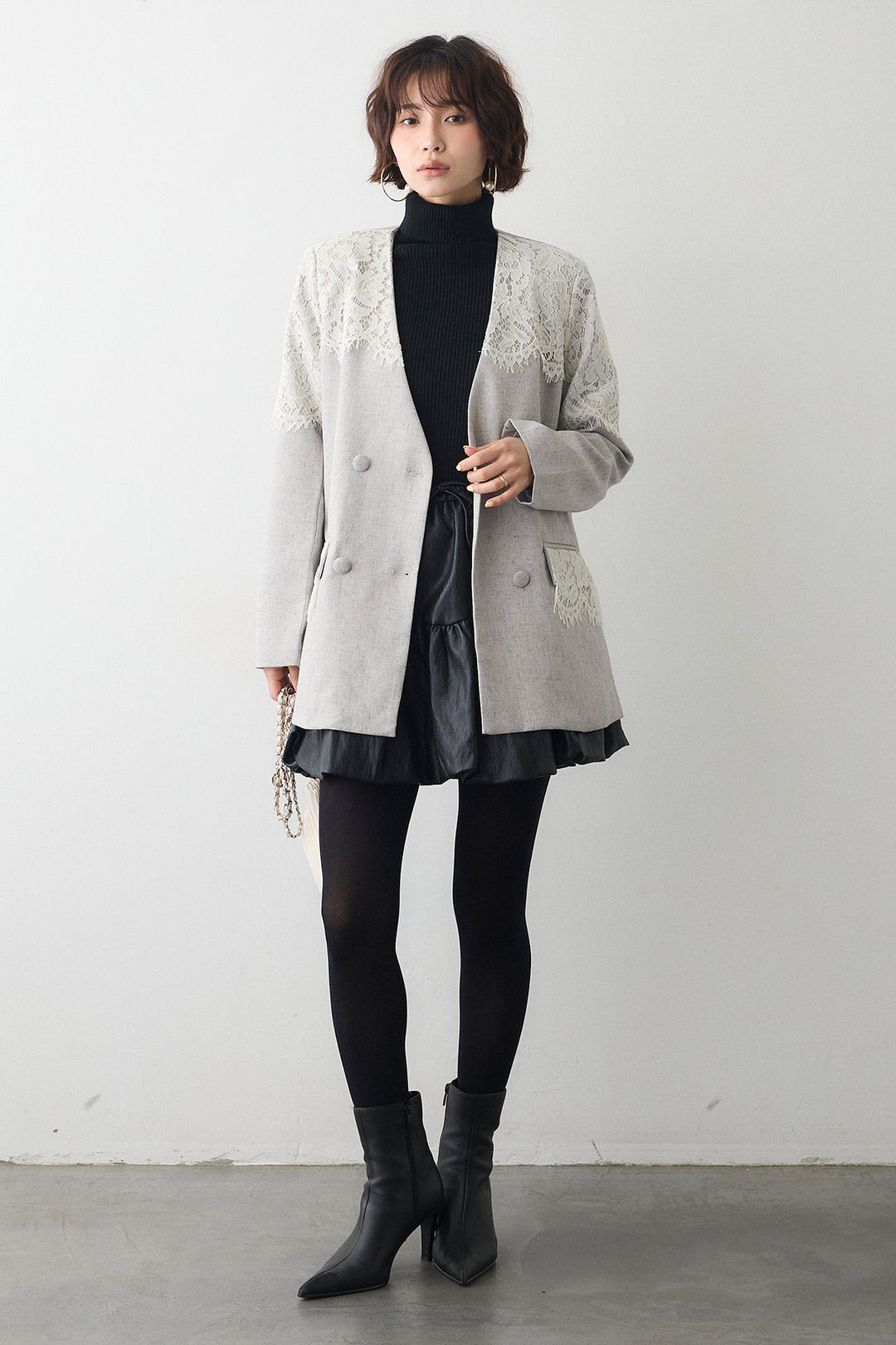 [予約/SET]ベーシックリブタートルニット+ショルダーレースデザインジャケット+フェイクレザーティアードバルーンミニスカート(3set)