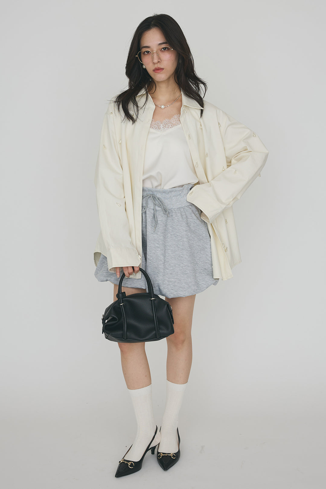 [予約/SET]雫パールデザインオーバーシャツ+スウェットバルーンスカート(2set)