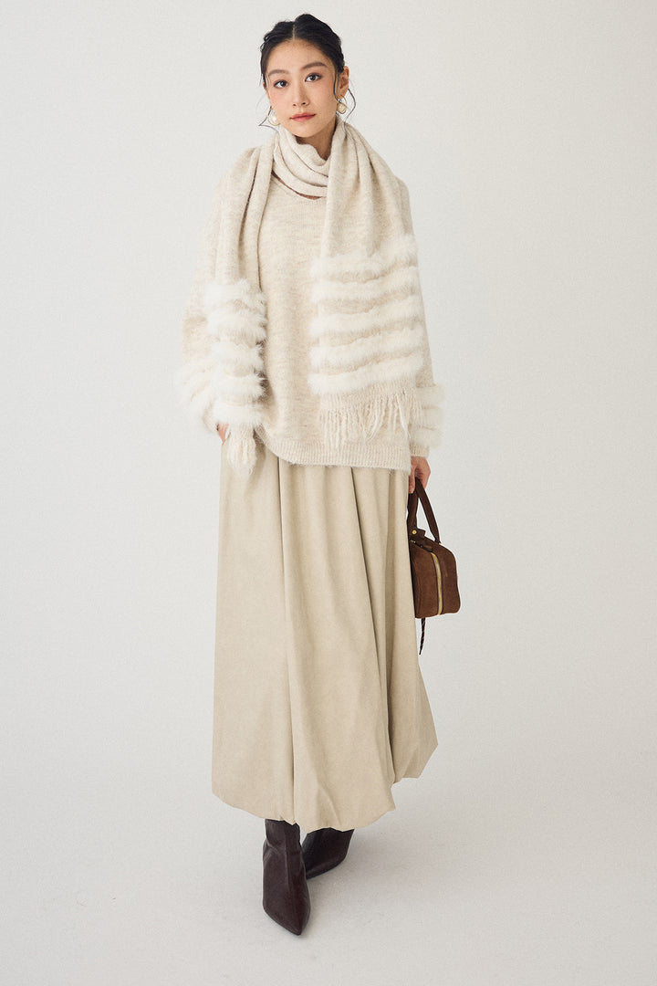 [予約/SET]マフラー付きファーラインデザインニットカーデ+レザーライクバルーンスカート(2set)