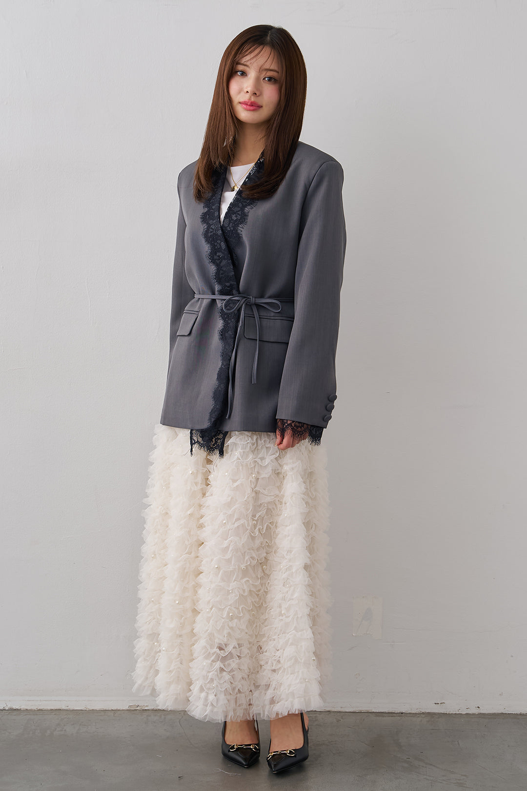 [予約/SET]カシュクールレースドッキングジャケット+パール付きホイップチュールスカート(2set)