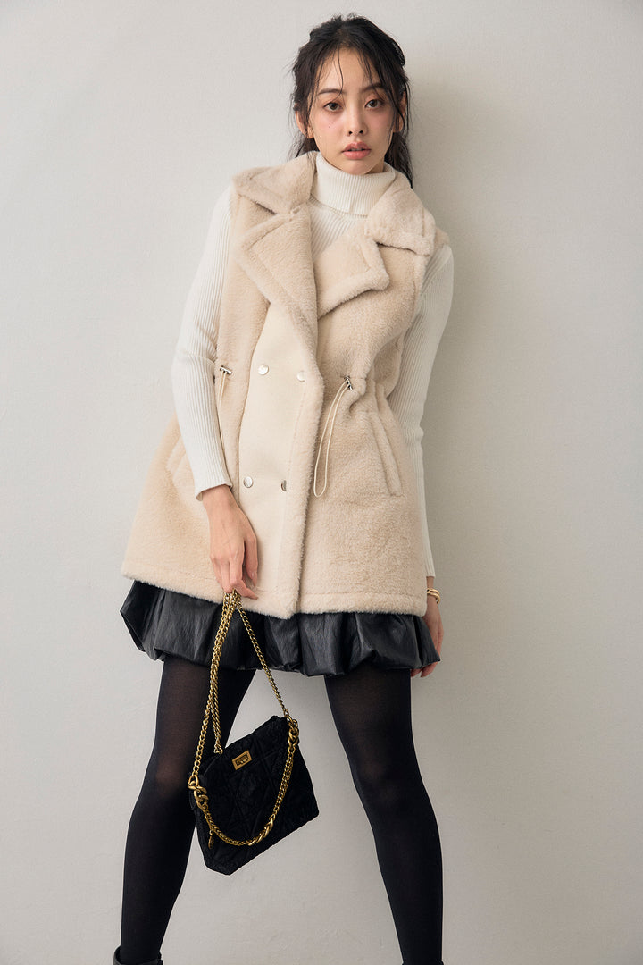 [予約/SET]テディボアウエストドロストベスト+フェイクレザーティアードバルーンミニスカート(2set)