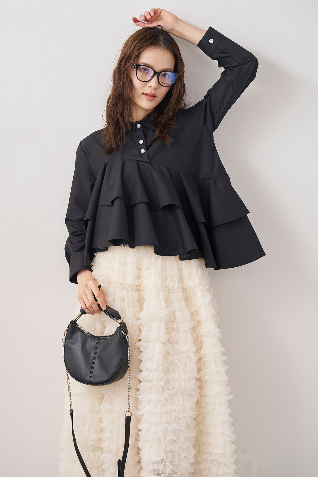 [予約/SET]アシメフリルティアードシャツ+ホイップチュールティアードスカート(2set)