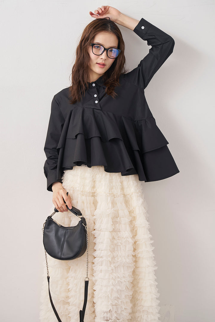 [予約/SET]アシメフリルティアードシャツ+ホイップチュールティアードスカート(2set)