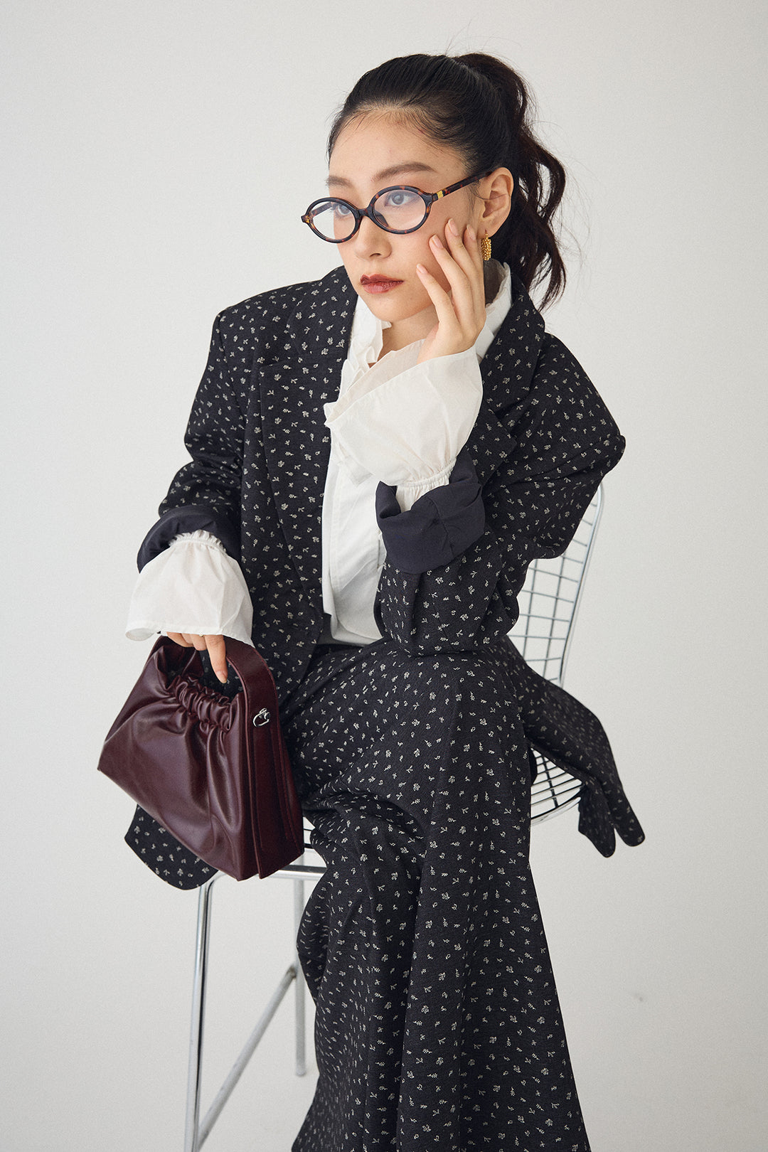 [予約/SET]ダブルプリーツカラーブラウス+ヴィンテージフラワー柄セットアップ(2set)