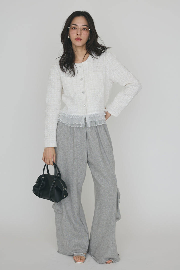 [予約/SET]プリーツフリルヘムライトツイードジャケット+ライトスウェットサイドリボンパンツ(2set)