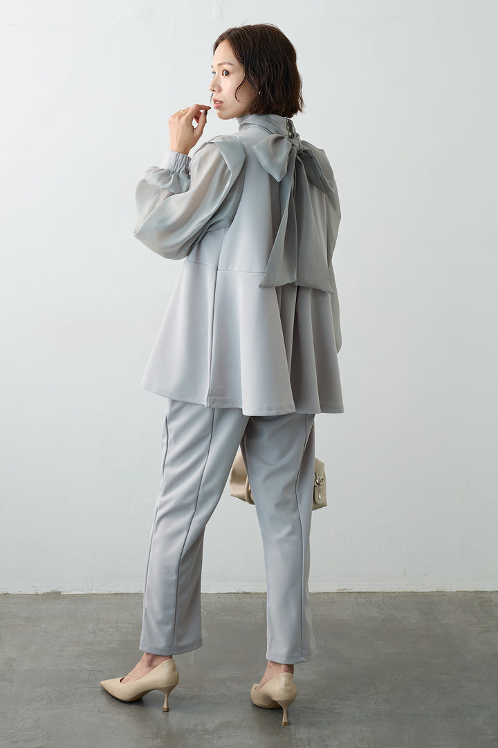 [予約/SET]シアーリボン異素材ドッキングペプラムブラウス+スリムテーパードパンツ(2set)