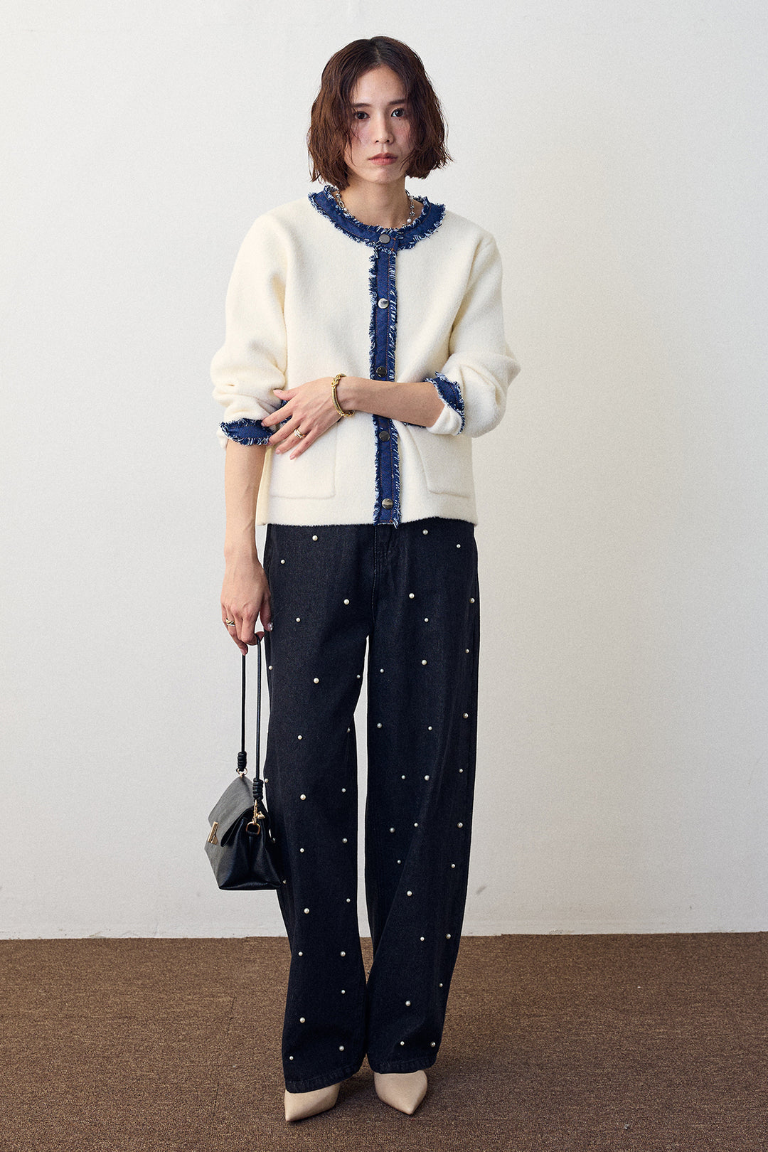 [予約/SET]デニムドッキングマルチパターンカーデ+パールスタッズストレートハイウエストデニム(2set)