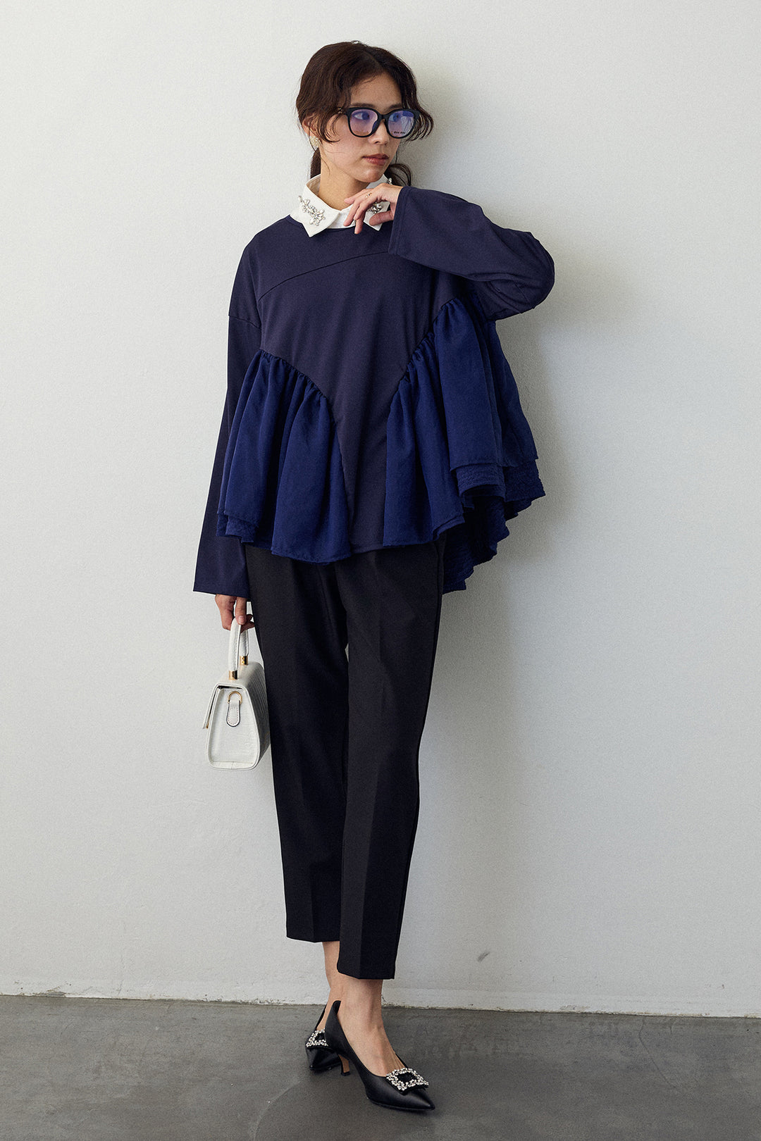 [予約/SET]ビジュー付け襟+フリルテール異素材切替チュニック(2set)