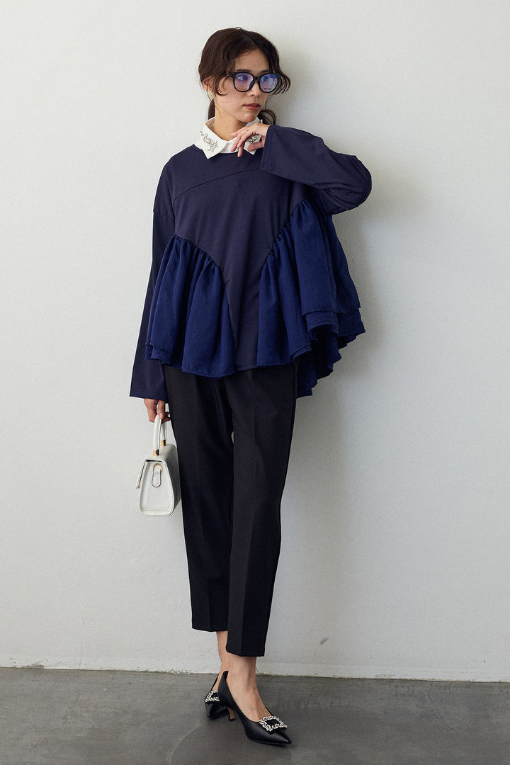 [予約/SET]ビジュー付け襟+フリルテール異素材切替チュニック(2set)