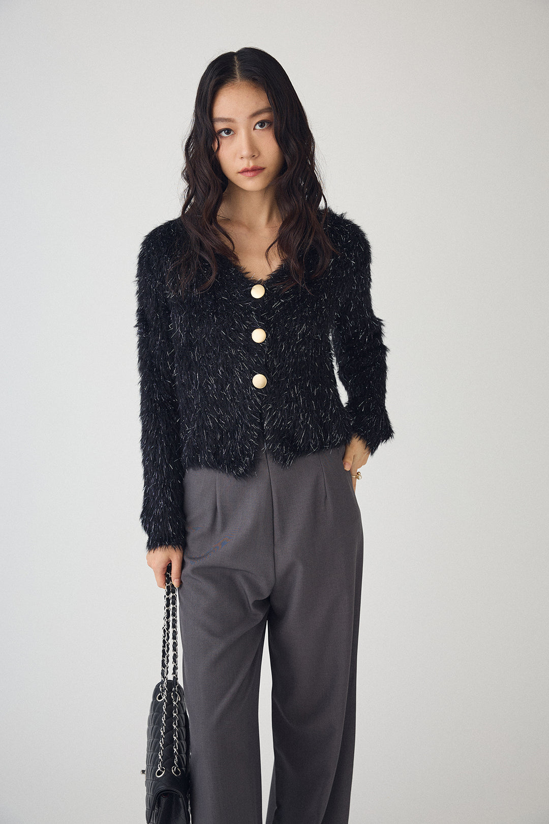 [予約/SET]ゴールドボタンラメシャギーニット+バックリボンストレートパンツ(2set)