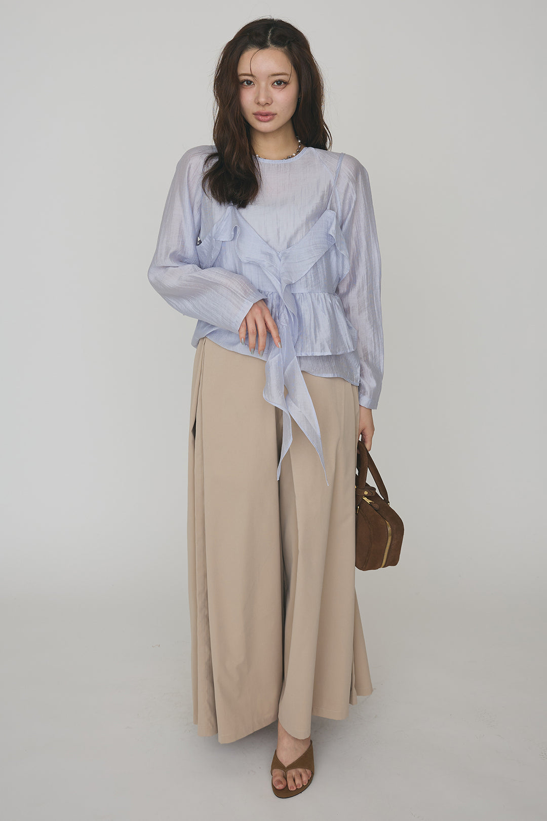 [予約/SET]ドレープフリルシアーレーヤードトップス+フロントサイドタックワイドパンツ(2set)