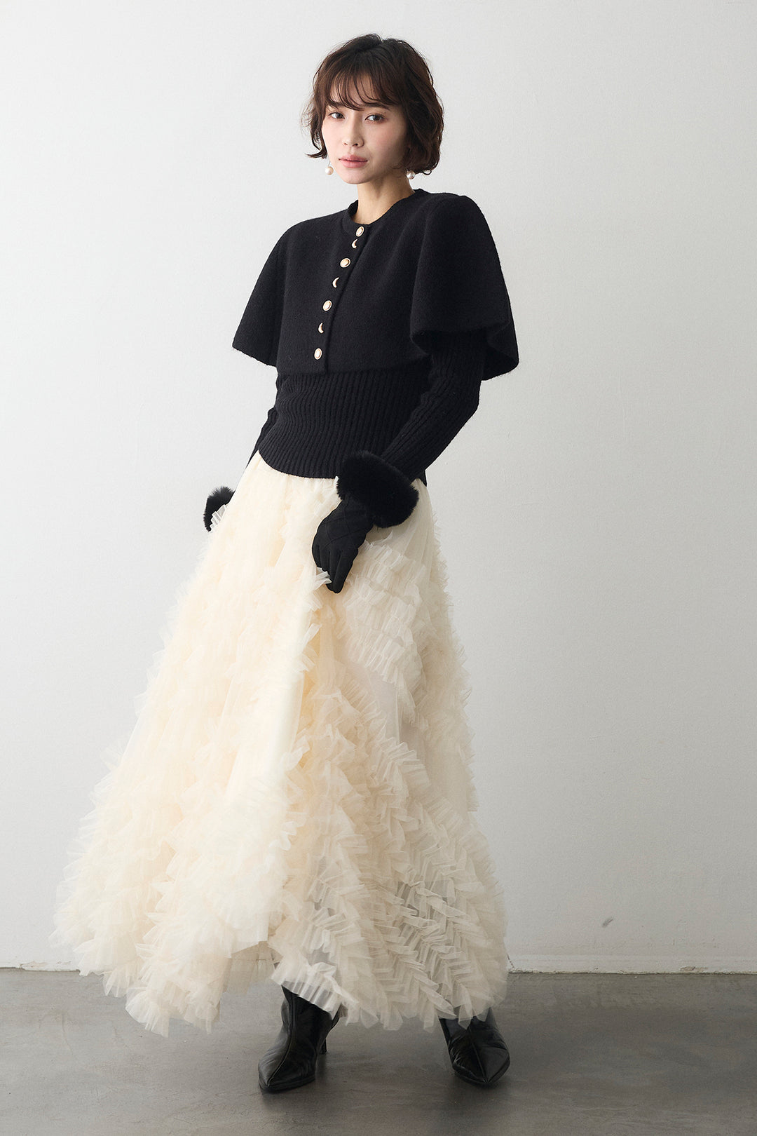 [予約/SET]ミックス釦ケープ2wayニット+スフレアシメチュールスカート(2set)