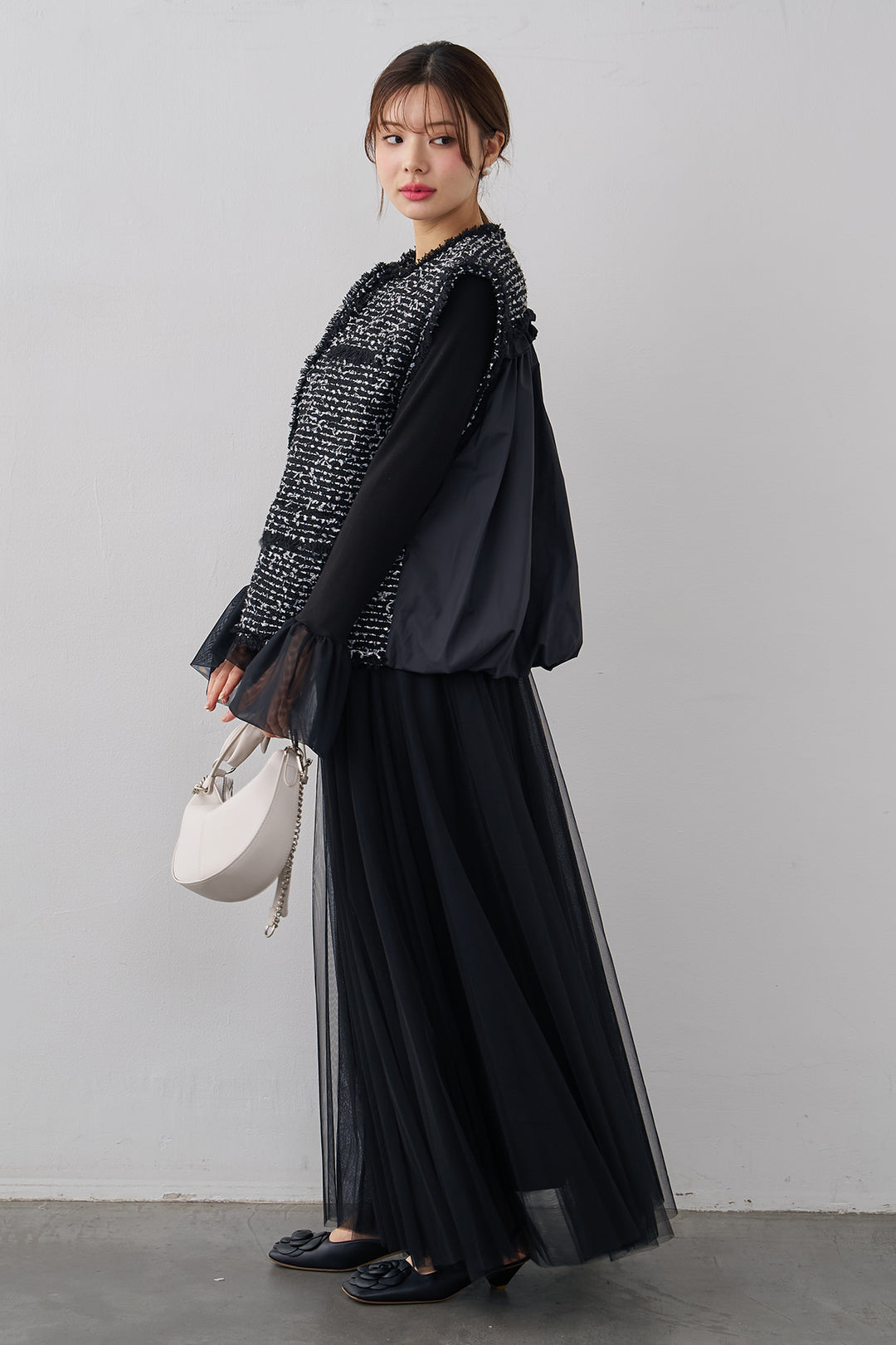 [予約/SET]チュールシアーカフスリブニット+異素材切り替えツイードベスト+エアリーチュールフレアスカート(3set)