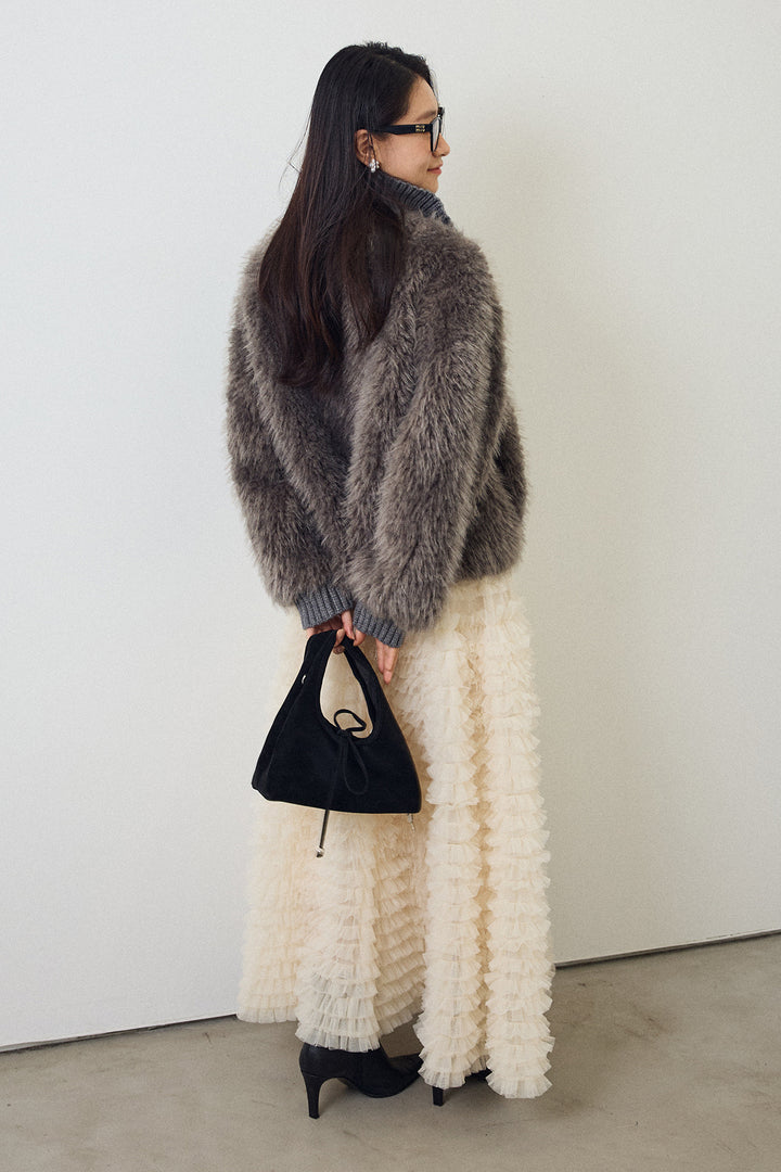 [予約/SET]シャギーファー×リブニットミックスジャケット+ホイップチュールティアードスカート(2set)