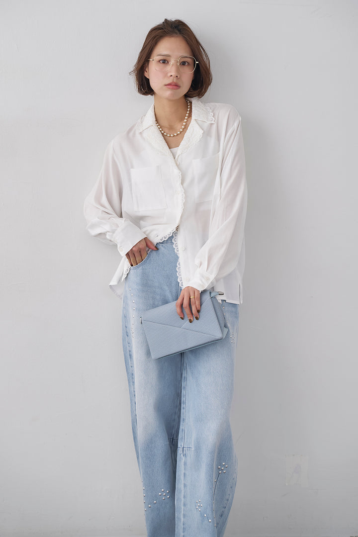 [予約/SET]クラシックレーストリムブラウス+スタッズアシメカーブデニムパンツ(2set)