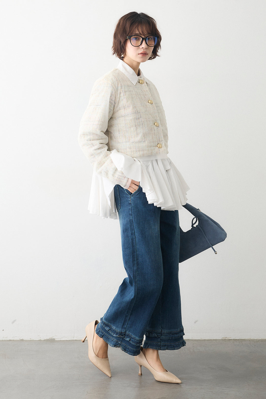 [予約/SET]パネルフレアヘムシャツ+ツイード×チュールレイヤードクロップドジャケット+フリルヘムデニムパンツ(3set)
