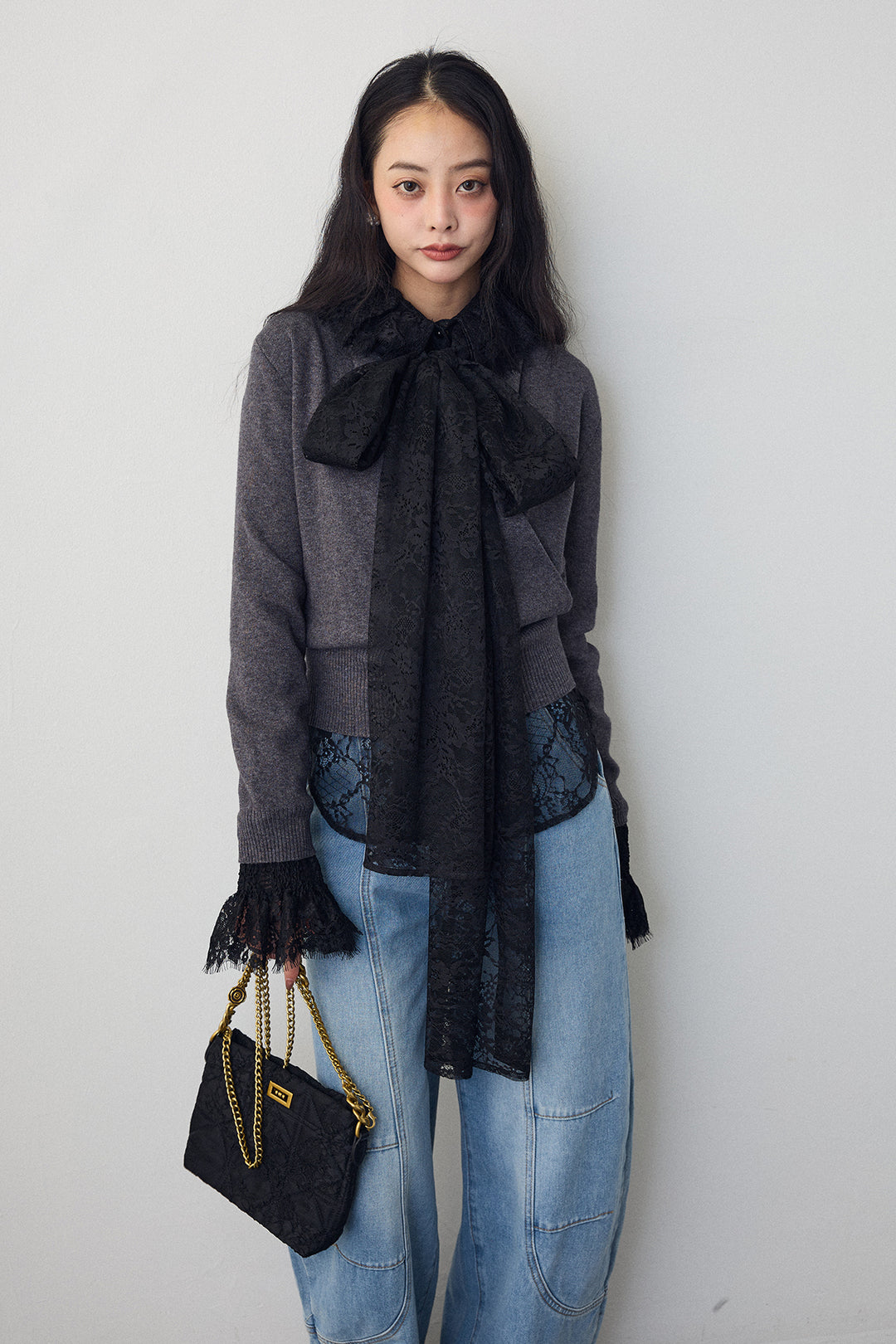 [予約/SET]クラシカルレースボウタイブラウス+カシュクールデザインニット+ステッチ美ラインカーブデニムパンツ(3set)