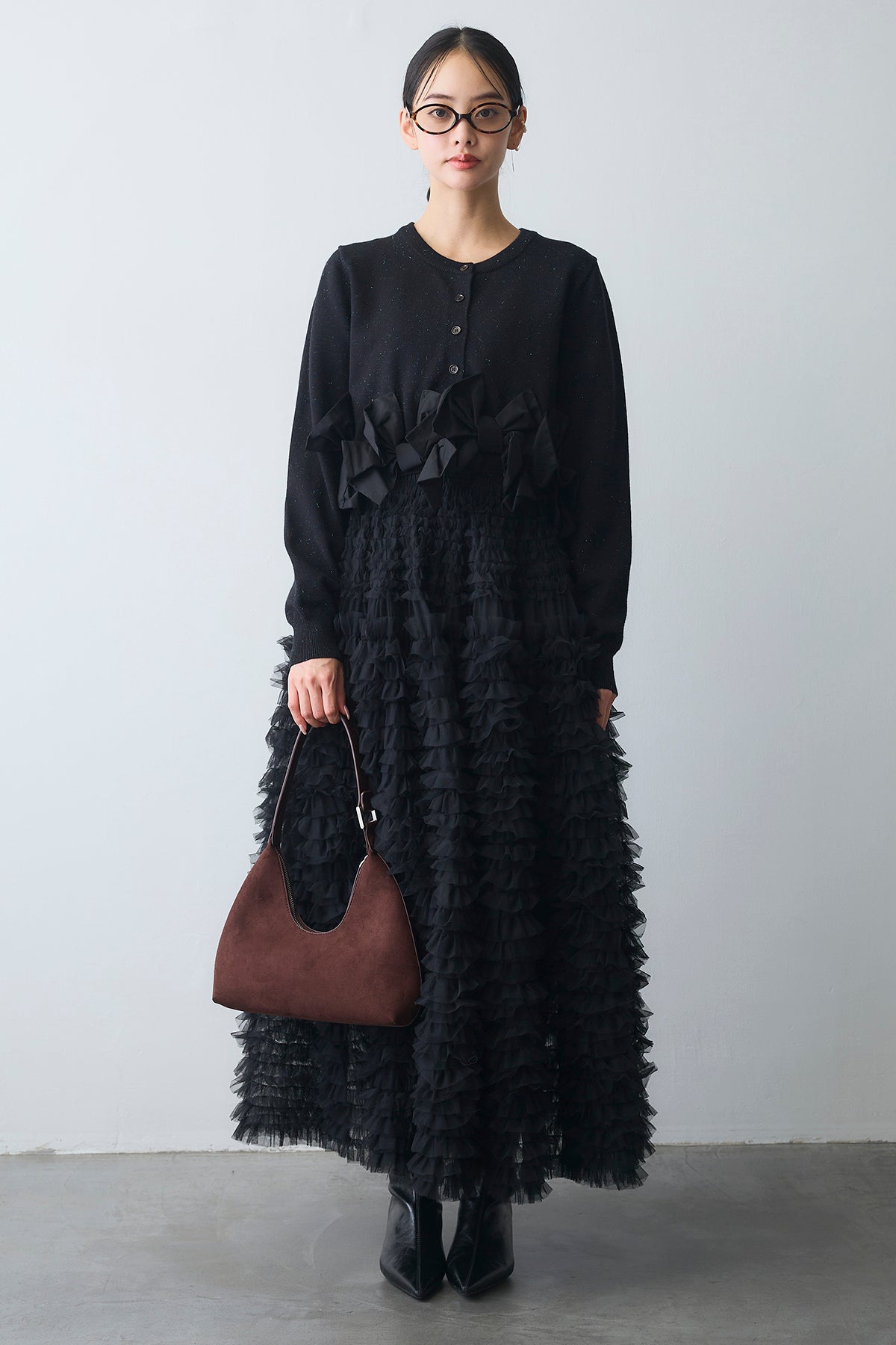 予約/SET]ヘムリボンデザインショートカーデ+ホイップチュール