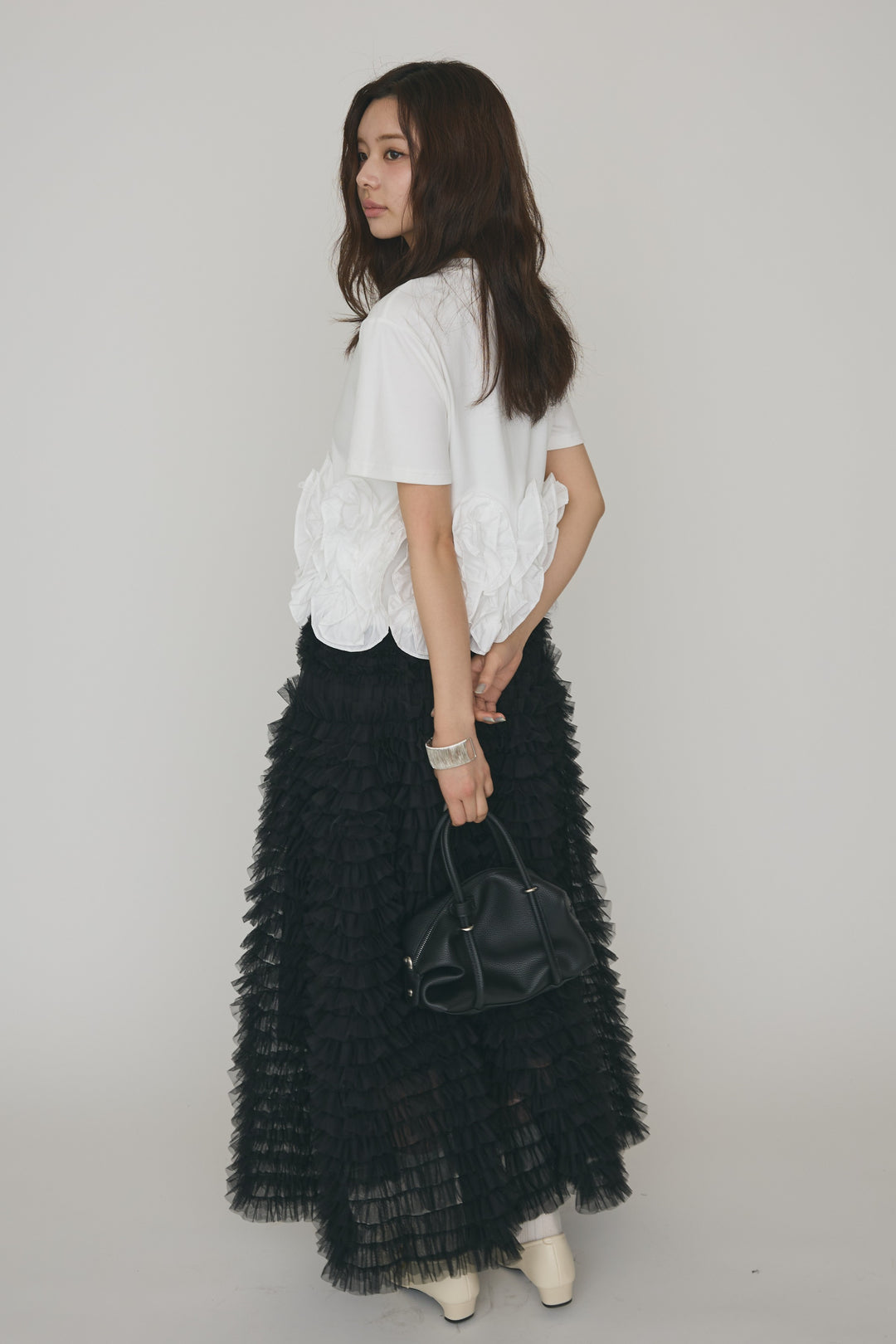 [予約/SET]フリルウェーブヘムカットTシャツ+ホイップチュールティアードスカート(2set)