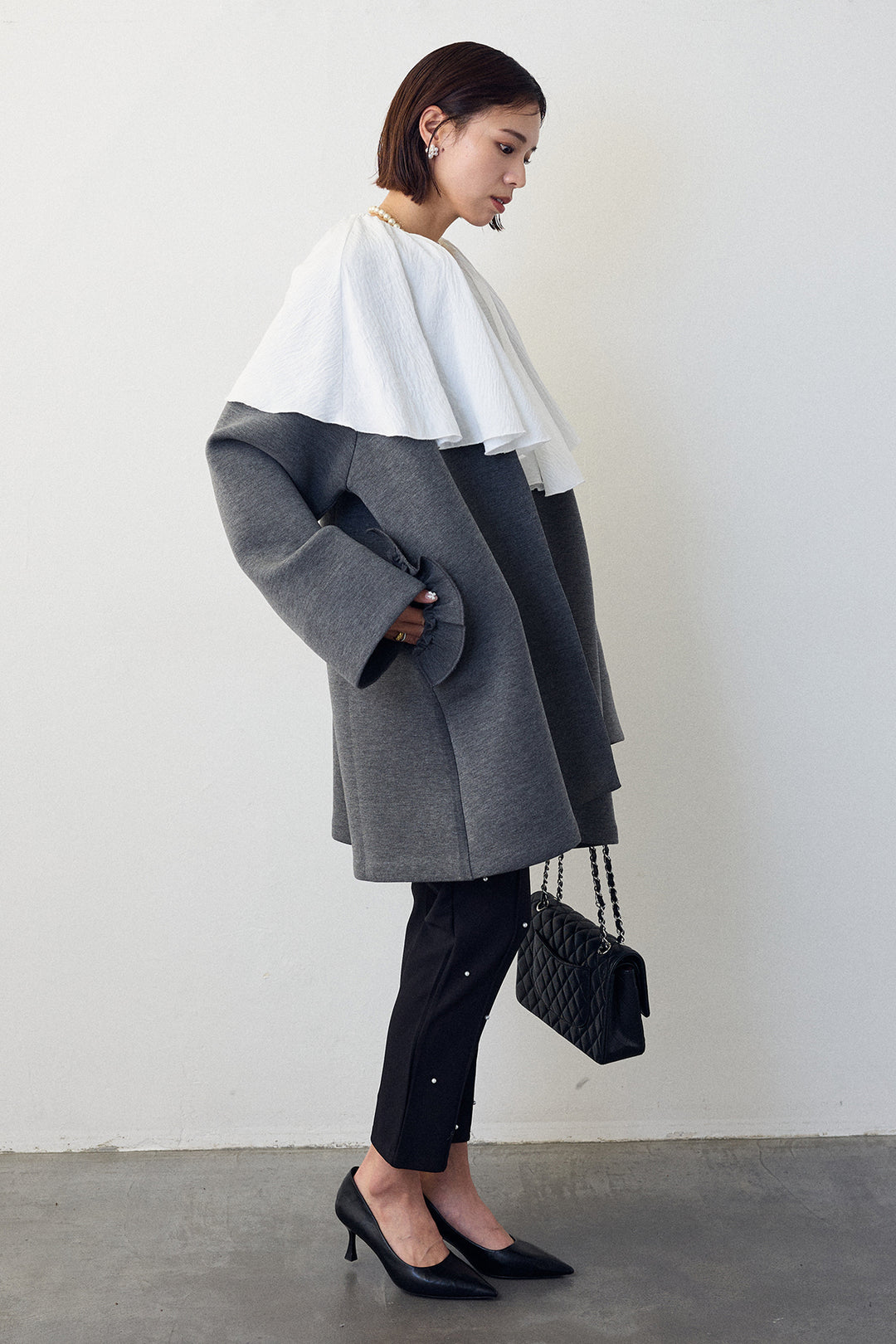 [予約/SET]BIGフリルカラーブラウス+フリルポケットボンディングノーカラーコート(2set)