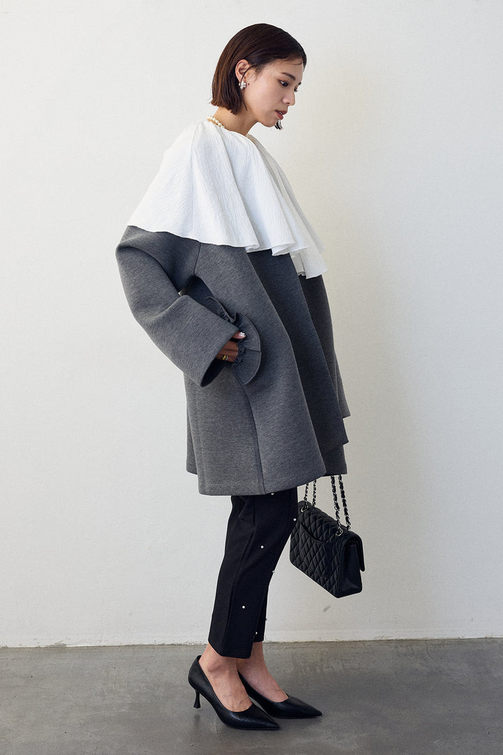 [予約/SET]BIGフリルカラーブラウス+フリルポケットボンディングノーカラーコート(2set)