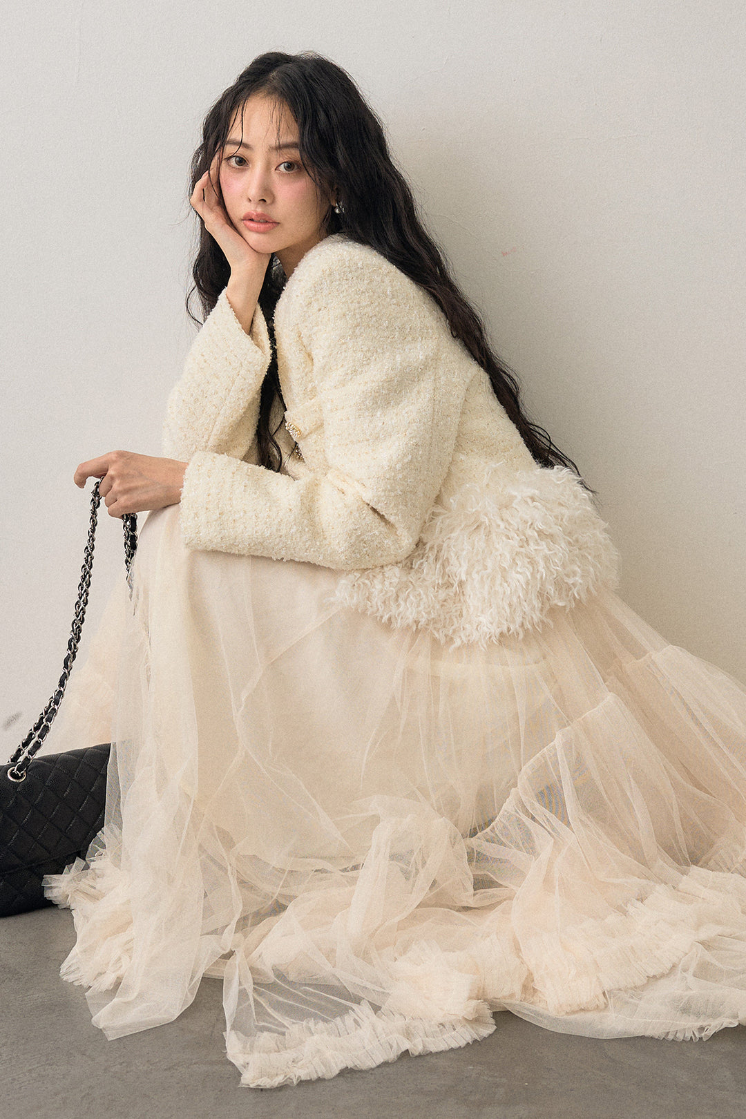 [予約/SET]中綿ツイードロングファードッキングジャケット+フェアリードレープチュールスカート(2set)