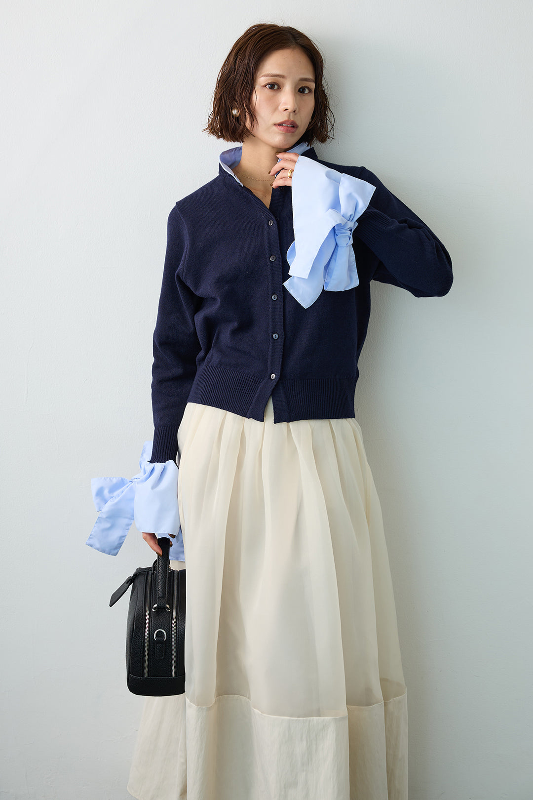 [予約/SET]BIGリボンカフスデザインニットドッキングカーデ+オーガンジー×タフタコクーンスカート(2set)