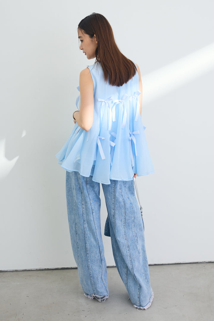 [予約/SET]リボンデコレートトップス+アイスウォッシュデニムパンツ(2set)