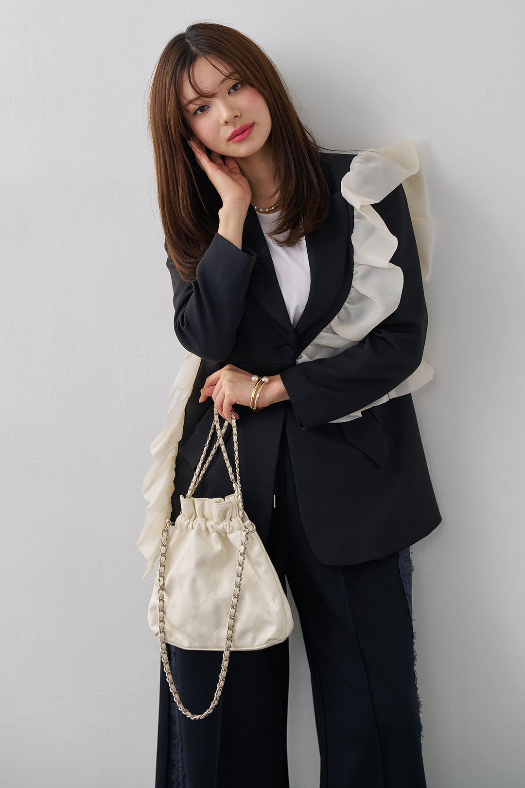 [予約/SET]アシメフリルマニッシュジャケット+サイドレースWフェイスカットソーパンツ(2set)