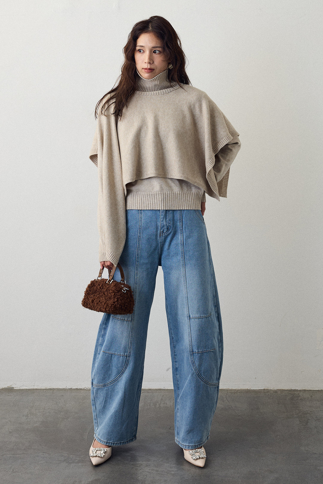 [予約/SET]アシメケープ2wayニット+ステッチ美ラインカーブデニムパンツ(2set)