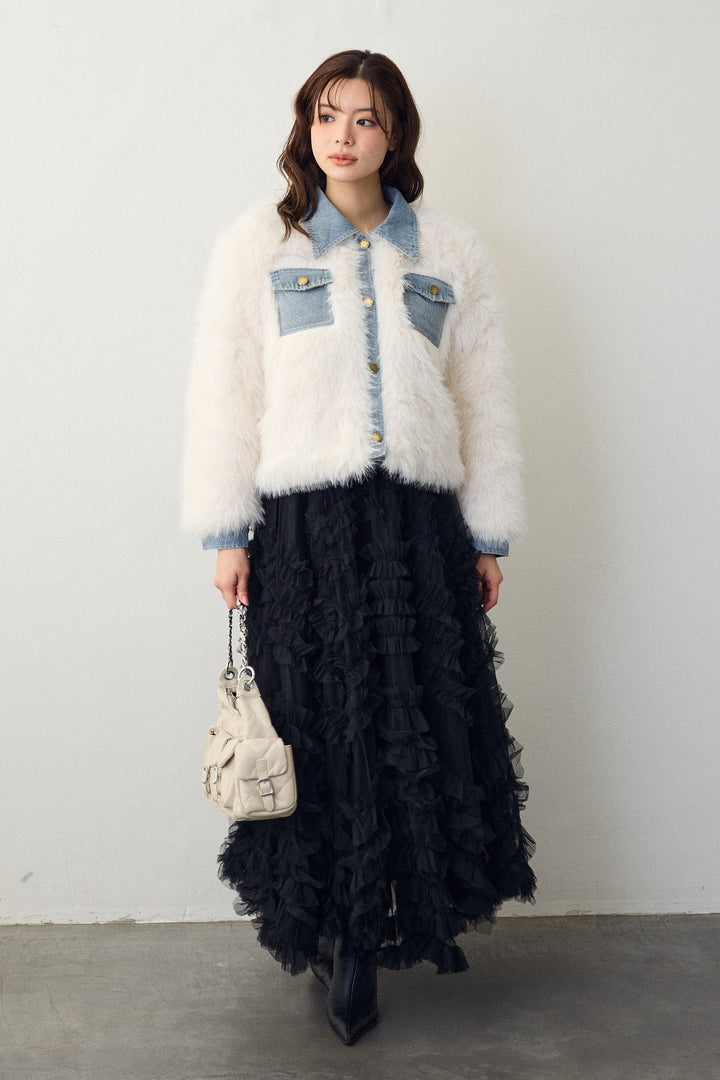 [予約/SET]デニムシャツドッキングファージャケット+スフレアシメチュールスカート(2set)