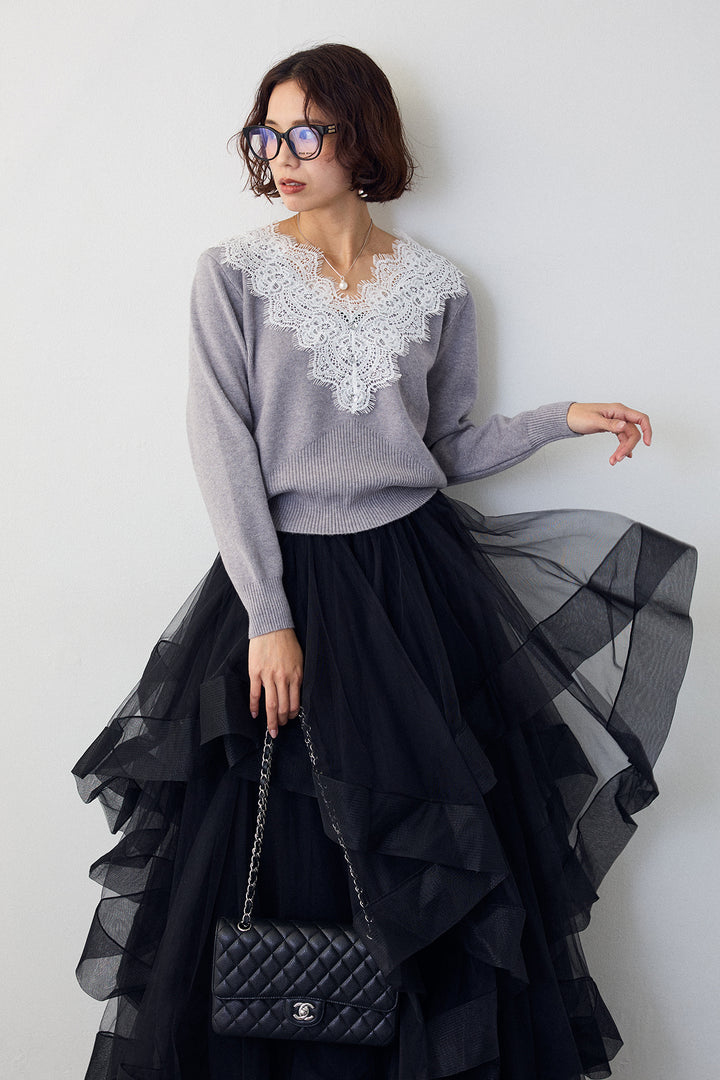 [予約/SET]Vレースデザインニットプルオーバー+ランダムフリルティアードボリュームスカート(2set)