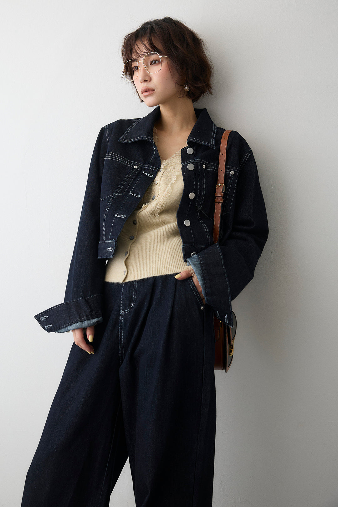 [予約/SET]レースVラインボタンニット+クロップドデニムセットアップ(2set)