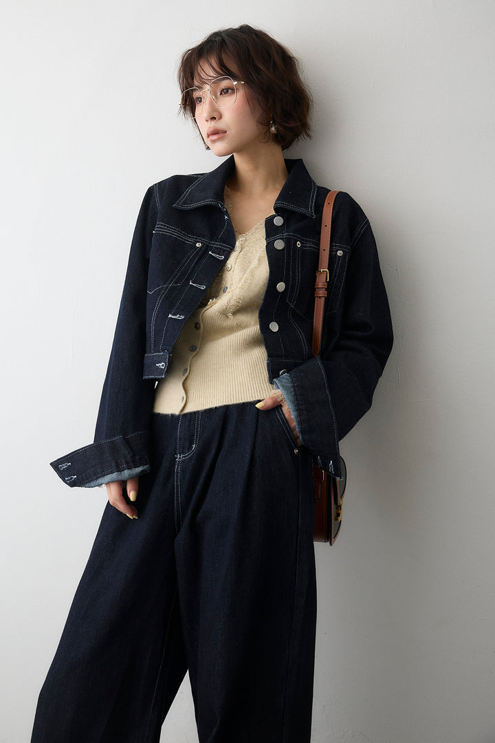 [予約/SET]レースVラインボタンニット+クロップドデニムセットアップ(2set)