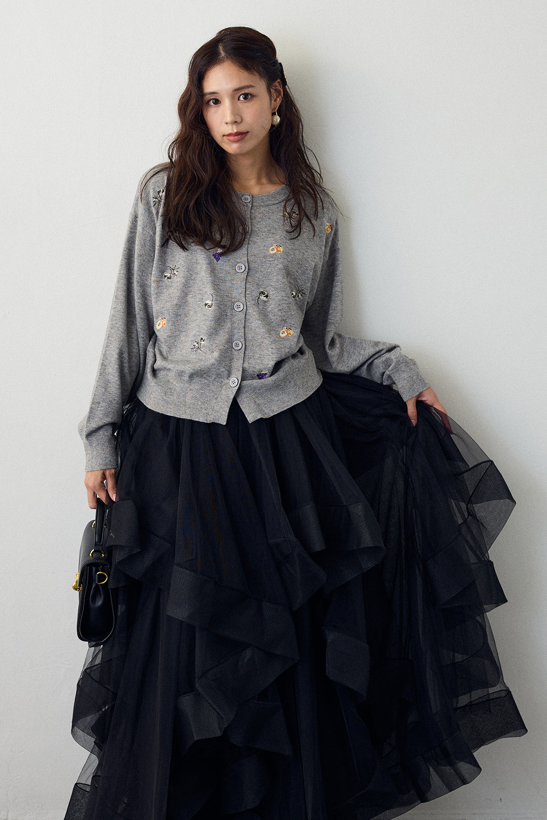 [予約/SET]フルーツフラワー刺繍ニットカーデ+ランダムフリルティアードボリュームスカート(2set)
