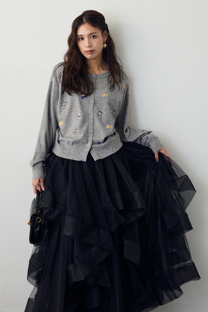 [予約/SET]フルーツフラワー刺繍ニットカーデ+ランダムフリルティアードボリュームスカート(2set)