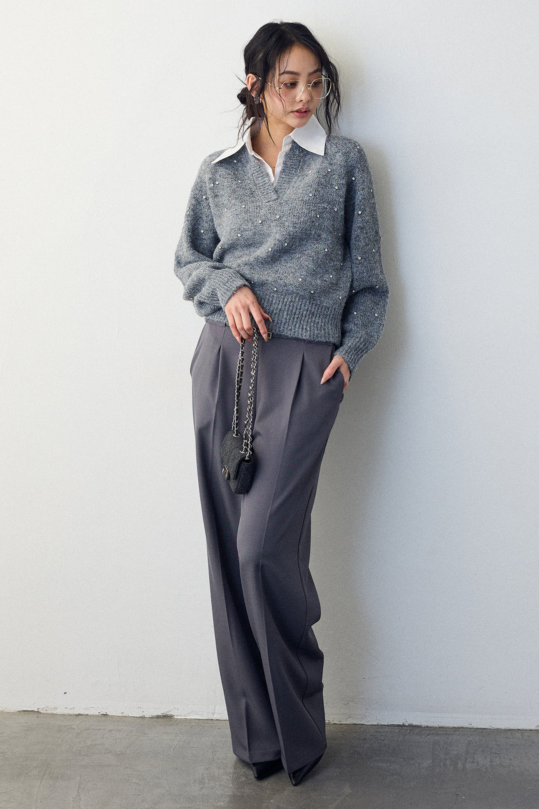 [予約/SET]シャツ襟ラインストーンニットPO+ポイントベルトセットストレートワイドパンツ(2set)