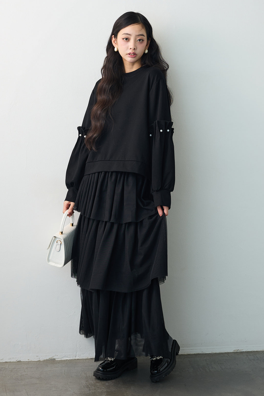 [予約/SET]タックパールスリーブプルオーバー+エアリーティアードチュールスカート(2set)