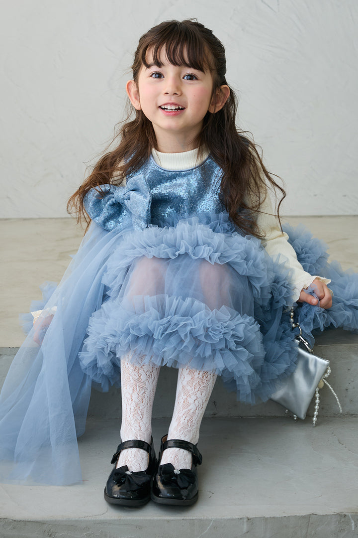 [予約/親子SET][kids]スパンコールリボンホイップチュールワンピセット+フリルヘムスリーブブラウス+クロップドマニッシュシンプルジャケット+ツイルシンプルストレートパンツ(4set)