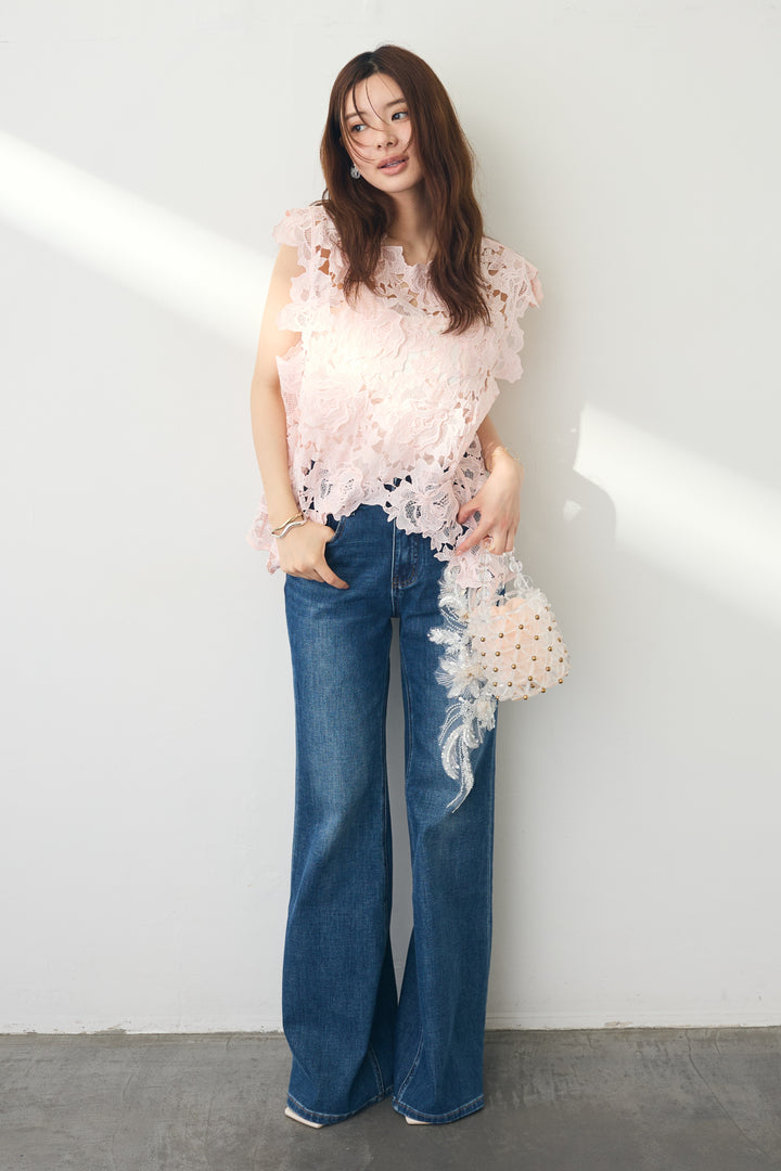 [予約/SET]クロシェレースミルキーカラートップス+刺繍ビーズモチーフデニムパンツ(2set)