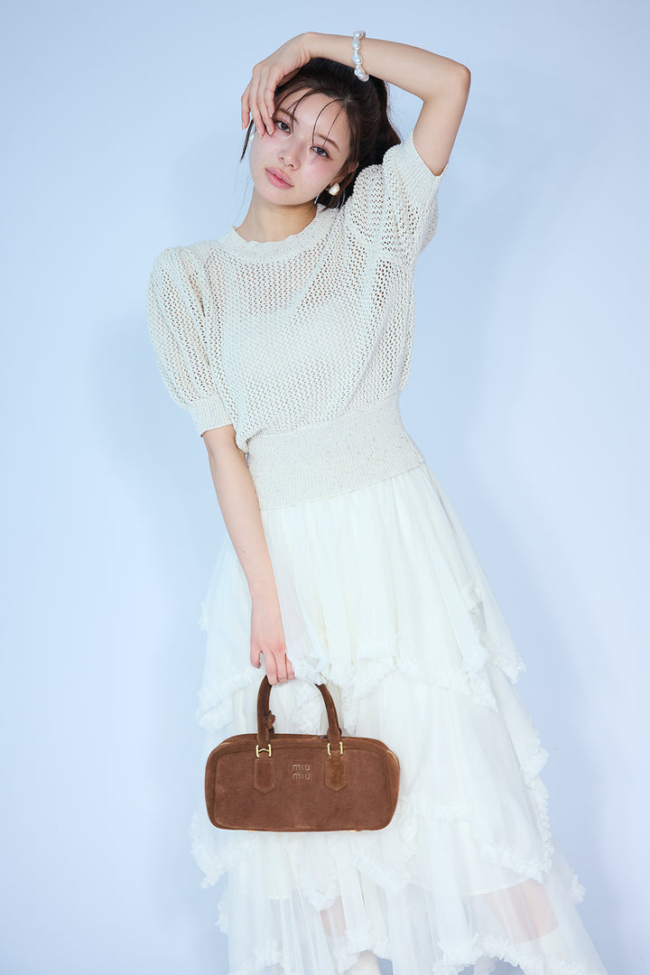 [予約/SET]ラメ混パフスリーブハーフスリーブニット+ムードチュールフリルスカート(2set)