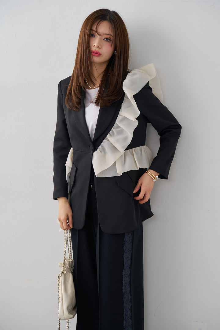 [予約/SET]アシメフリルマニッシュジャケット+サイドレースWフェイスカットソーパンツ(2set)