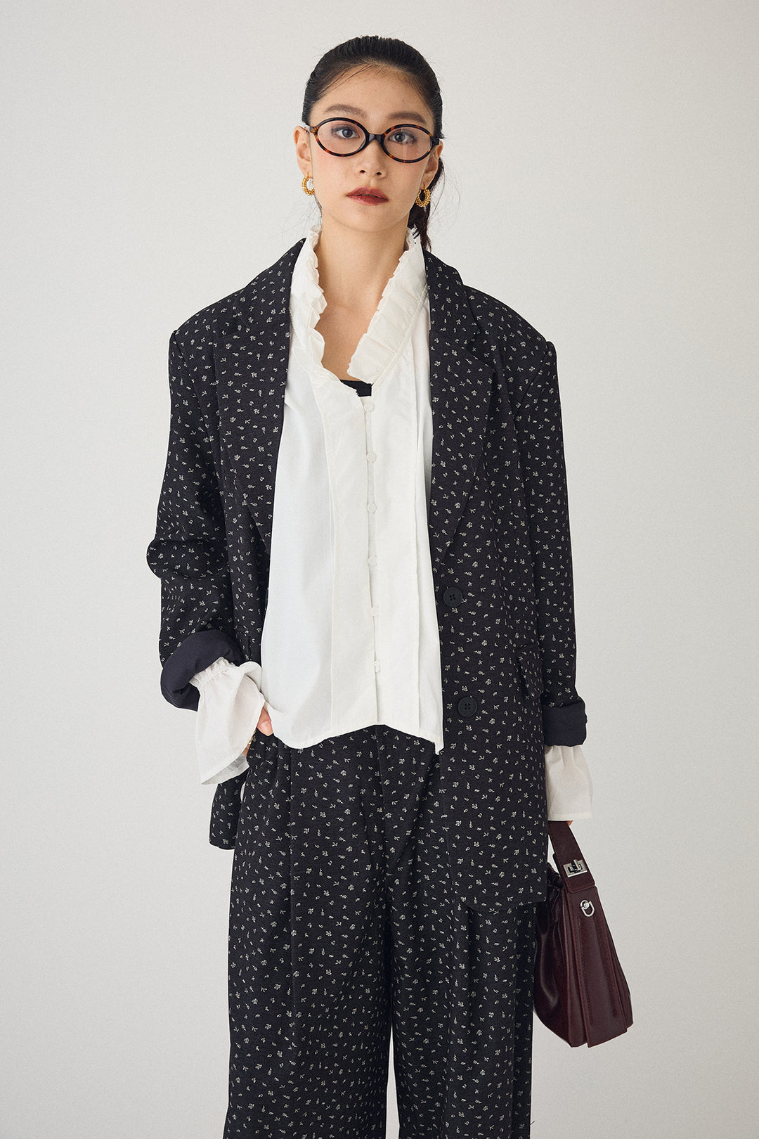 [予約/SET]ダブルプリーツカラーブラウス+ヴィンテージフラワー柄セットアップ(2set)