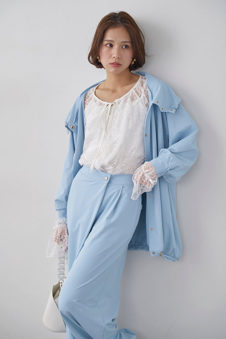 [予約/SET]ミニフリル繊細レースブラウス+撥水スタンドカラー2wayドロストブルゾン+撥水ドロストヘム2wayパンツ(3set)